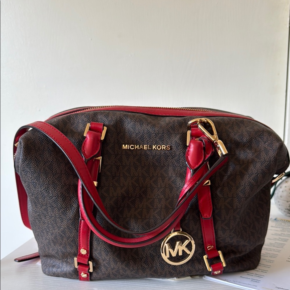 Michael Kors Brown and Red Shoulder Bag with Monogram Print